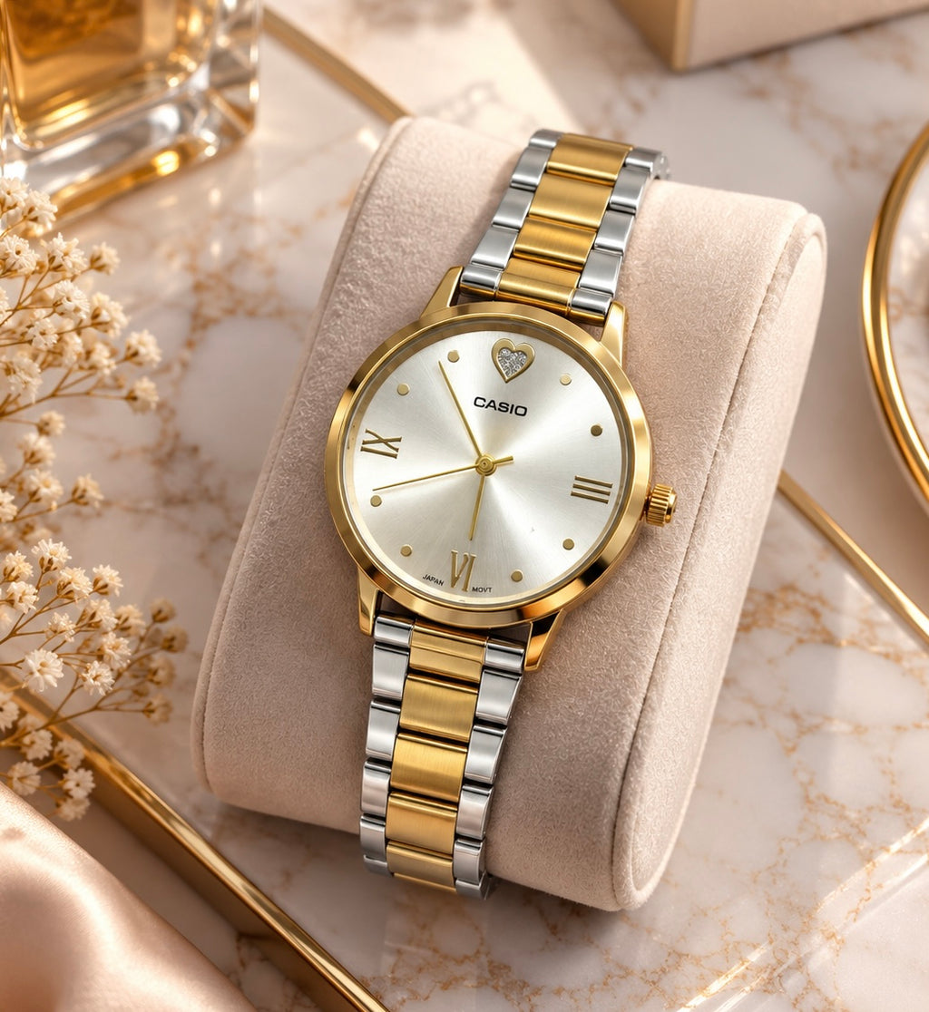 Montre Femme Casio Bicolore Doré & Argenté – Élégance Cœur ✨