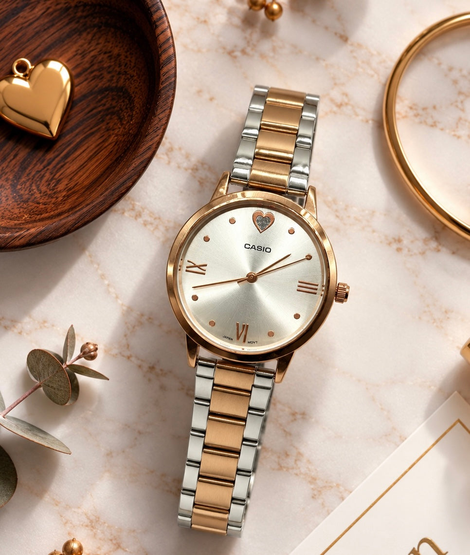 Montre Femme Casio Bicolore Bronze & Argenté – Élégance Cœur ✨